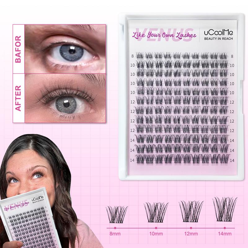 uCoolMe Lashes Short Venus (Only 8-14mm )With Invisible Band DIY Lashes Cluster WaterProof and Long Lasting Bond Seal Remover Makeup For Girls Beginner Friendly Thanksgiving gift