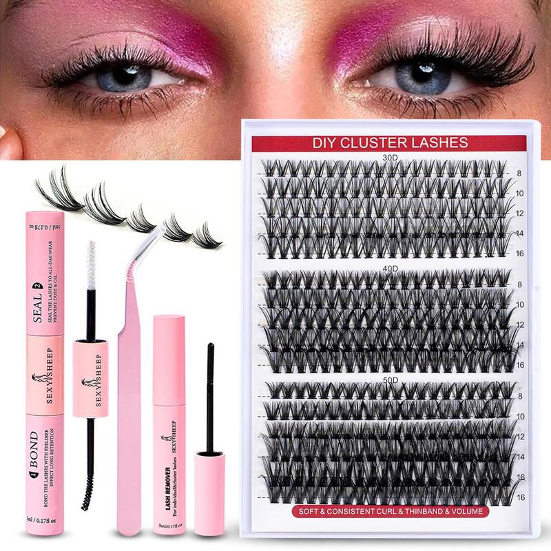 Summer Eyelash Extensions Set, 1 Set Fluffy False Eyelashes Set & Eyelash Tweezers & Eyelash Glue & Eyelash Remover, Professional Makeup Accessories for Women, Lash Clusters, Lash Palettes, Fall Gift