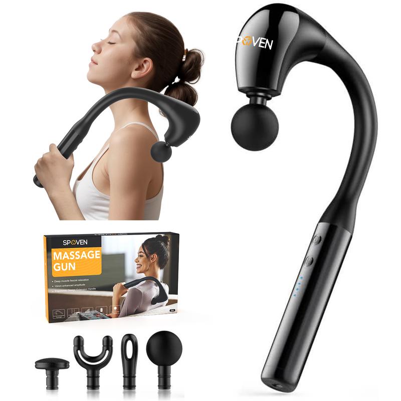 SPOVEN Massage Gun with Upgraded Extension Handle, 10MM Massage Gun Deep Tissue, Back Massager,  portable for Pain Relief, 4 Massage Heads, 5 Speeds.