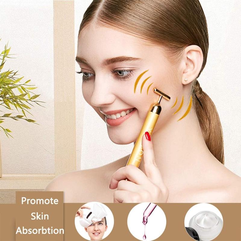 Yeamon 2-in-1 Gold Massage Stick, Face Massager Golden Facial Electric 3D Roller and T Shape Arm Eye Nose Massager Skin Care Tool