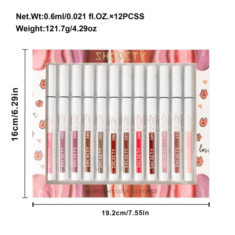 Matte Finish Liquid Lip Liner Set, 12pcs set Easy Coloring Lip Liner Pen, Moisturizing Lip Liners Lip Gloss Lipstick, Suitable for All Occasions Lip Makeup Products