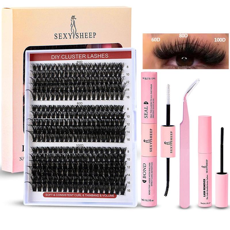 Summer Eyelash Extensions Set, 1 Set Fluffy False Eyelashes Set & Eyelash Tweezers & Eyelash Glue & Eyelash Remover, Professional Makeup Accessories for Women, Lash Clusters, Lash Palettes, Fall Gift