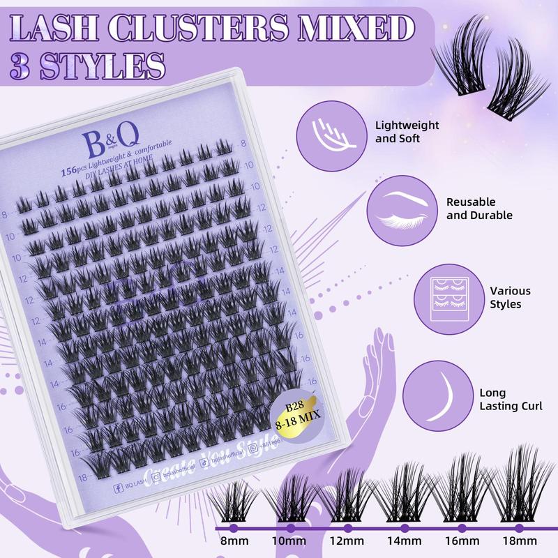 B&Qaugen Lash Extension Kit, B28 Manga DIY Cluster Lashes Extension Kit, 156pcs 8-18mm Mixed Spiky Eyelash Extension Kit, Beginner Friendly with Lash Bond and Seal, Glue Remover and Lash Tweezer at Home, Makeup Products, Cosmetic, Lash Extensions