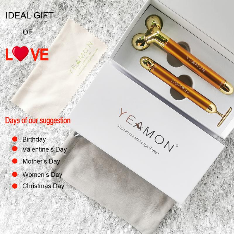 Yeamon 2-in-1 Gold Massage Stick, Face Massager Golden Facial Electric 3D Roller and T Shape Arm Eye Nose Massager Skin Care Tool