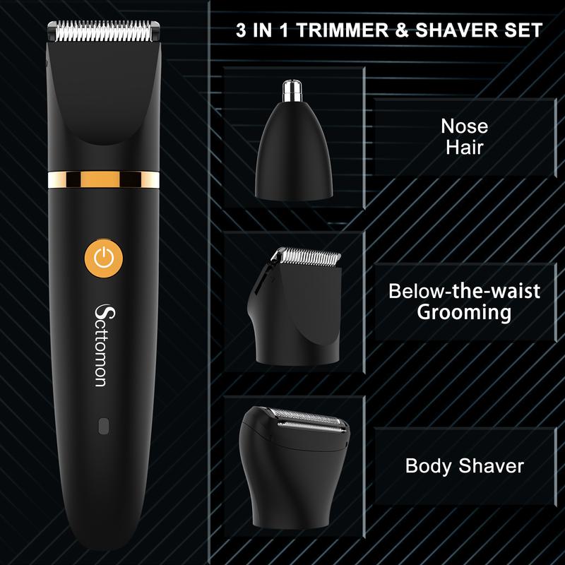 3 in 1 Electric Body Hair Trimmer,Groin Hair Trimmer for Men,Waterproof Electric Shaver Nose Hair Trimmer,Men's Hair Removal Device Cordless,Manscape Trimmer with Standing Recharge Dock