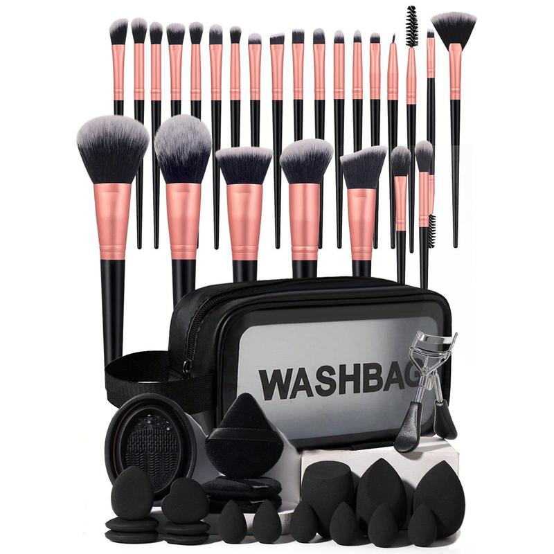 Professional Makeup Tool Set, 46pcs set Makeup Brush & Sponge & Finger Powder Puff & Brush Cleaning Bowl & Makeup Bag & Eyelash Curler, Makeup Accessories