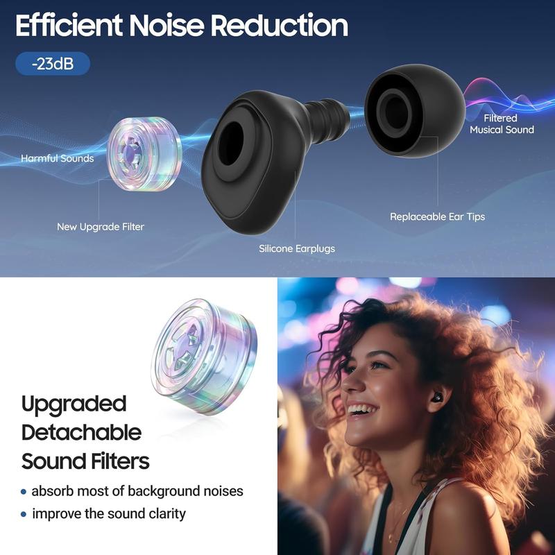 Concert Earplugs, High Fidelity Noise Reduction Ear Plugs, Noise Cancelling Ear Plugs with 4 Pairs Different Size of Ear Tips, for Concert, Bar,  Events(Black)