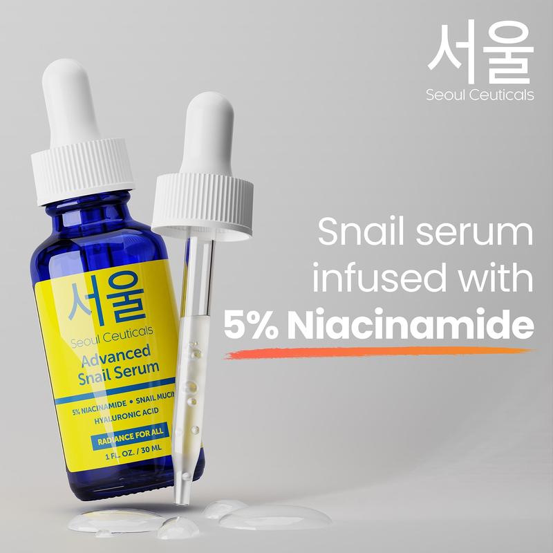 SeoulCeuticals Korean 5% Niacinamide + Snail Mucin 97.5% Essence Serum + Hyaluronic Acid, Cruelty Free Korean Skin Care, Natural & Organic Anti Aging Face Serum for Dull Skin, K Beauty 1oz Moisture Skin Repair