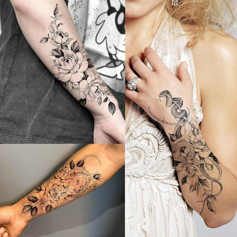 64 Sheets Long Lasting Flower Temporary  Tattoos For Women Arm , Jellyfish Sunflower Moon Rose For Adults Girl, 3D Temp Realistic Snake  Stickers Serpent Peony Floral