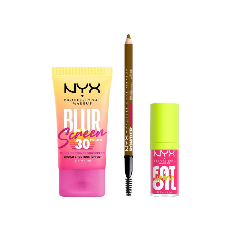 Summer Essentials, Blurscreen SPF30 + Fat oil lip drip + Brow Powder Louder, NYX Professional Makeup