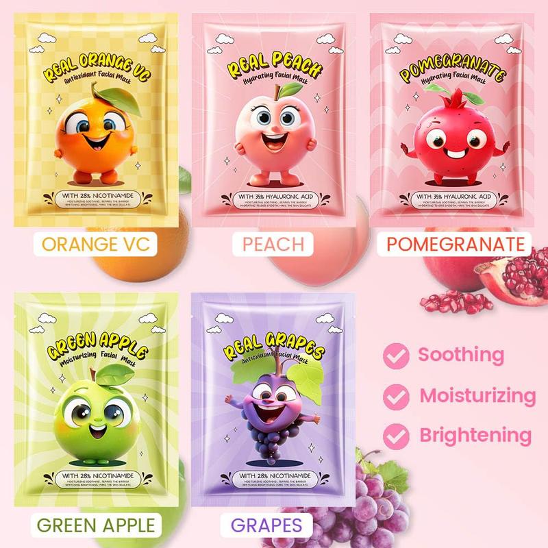 10 Pack Fruit Face Masks for Kids, Spa Party Facial Mask Skincare Set, Sheet Masks Skin Care, Moisturize Brighten Soothe for All Skin Types, Christmas Birthday Gifts for Women Men Girls, 01