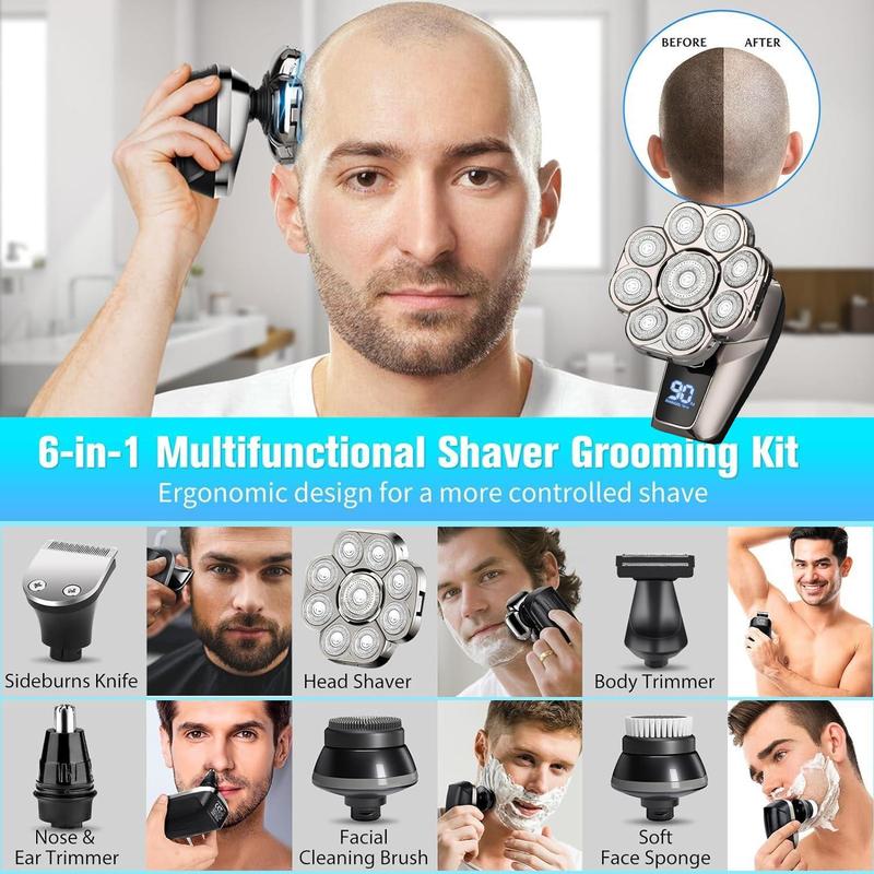 6 in 1 Electric Head Shaver, 1 Box Waterproof Wet Dry Grooming Shaver & Accessories, Cordless Rechargeable Bald Head Razor for Home & Travel Gift, Multifunctional Epilator for Christmas Gift, Winter & New Year Gift, Stocking Fillers