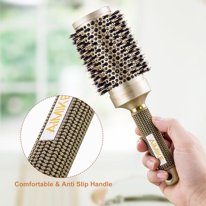 AIMIKE Boar Bristles Round Brush, Nano Thermal Ceramic & Ionic Tech Hair Brush, Enhance Texture for Hair Drying, Styling, Curling and Shine