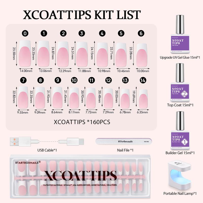 btartboxnails XCOATTIPS French Tip Press on Nails - Square or Almond or Coffin Pink French Press On Nails , 43.99$ Pink Long Fake Nails Kit with UV Glue, Nails Lamp, All in One Soak Off Acrylic Fake Nail Extension