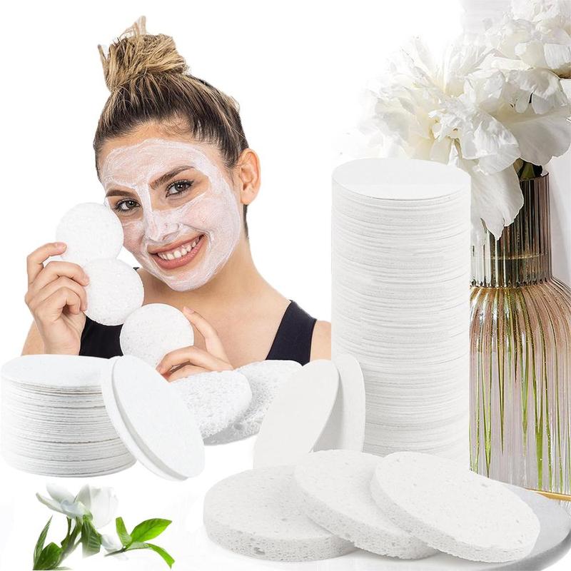 Compressed Facial Sponge, 100pcs set Round Face Cleansing Pads, Natural Cellulose Cosmetic Sponges for Facial Cleansing, Exfoliating, Makeup Removal