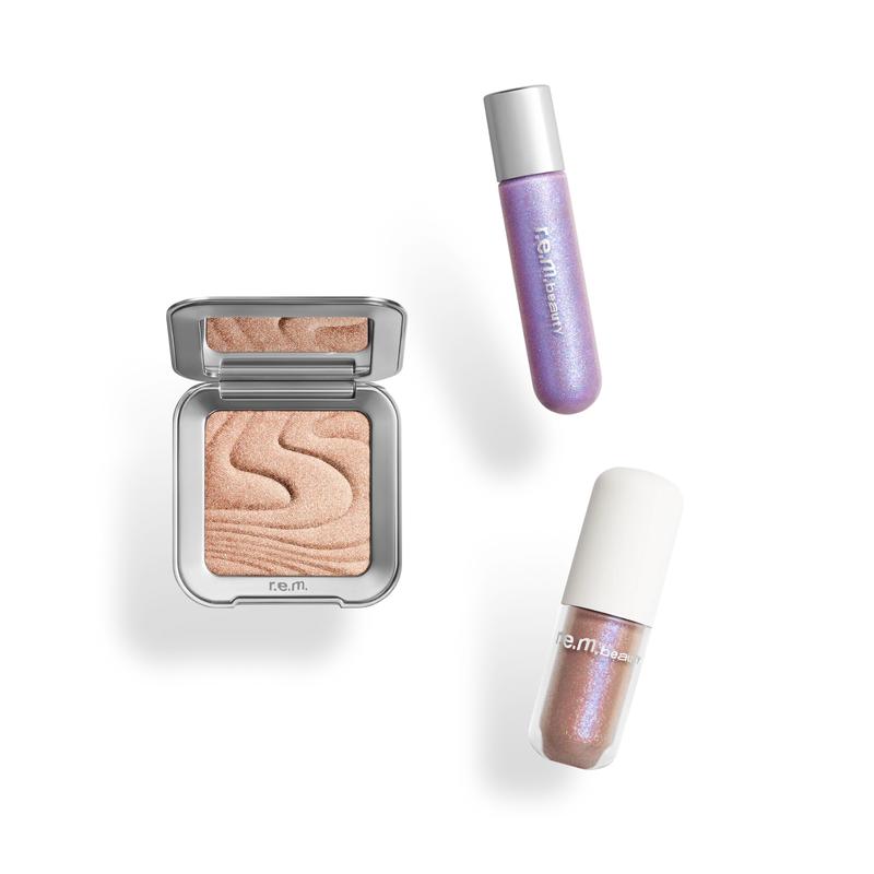 r.e.m. beauty shimmer set (highlighter + plumping lip gloss + eyeshadow)