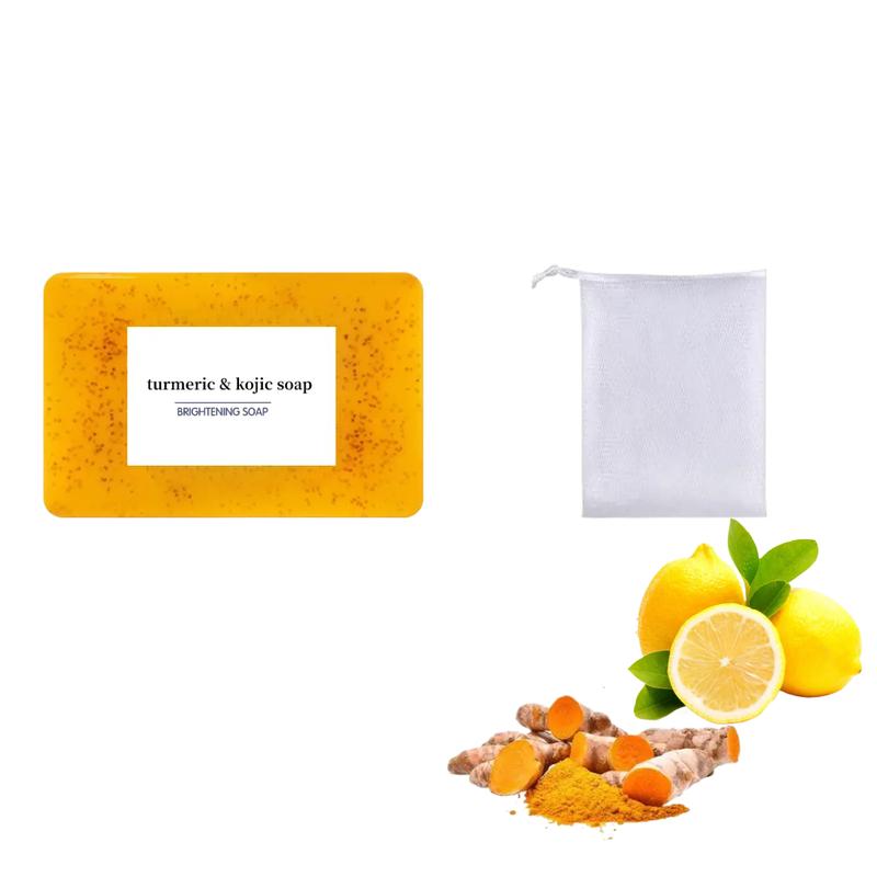 Turmeric & Kojic Acid Brightening SoapBar (4counts), Deep Cleansing Soap forMen & Women, Daily Skincare CleanserSet with Soap Saver Bag