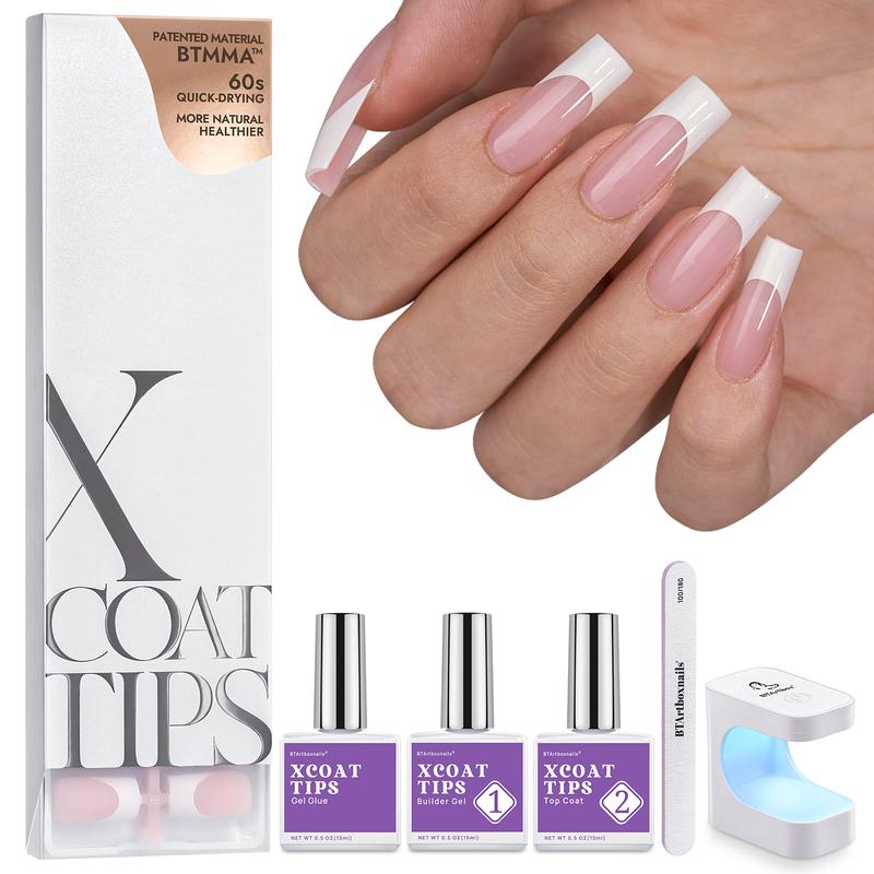 btartboxnails XCOATTIPS French Tip Press on Nails - Square or Almond or Coffin Pink French Press On Nails , 43.99$ Pink Long Fake Nails Kit with UV Glue, Nails Lamp, All in One Soak Off Acrylic Fake Nail Extension