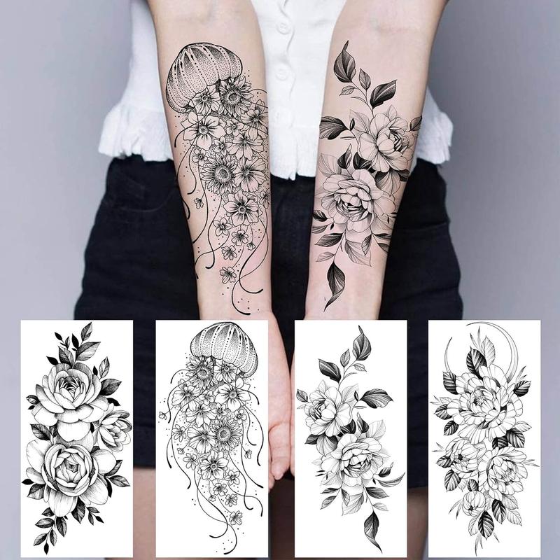 64 Sheets Long Lasting Flower Temporary  Tattoos For Women Arm , Jellyfish Sunflower Moon Rose For Adults Girl, 3D Temp Realistic Snake  Stickers Serpent Peony Floral