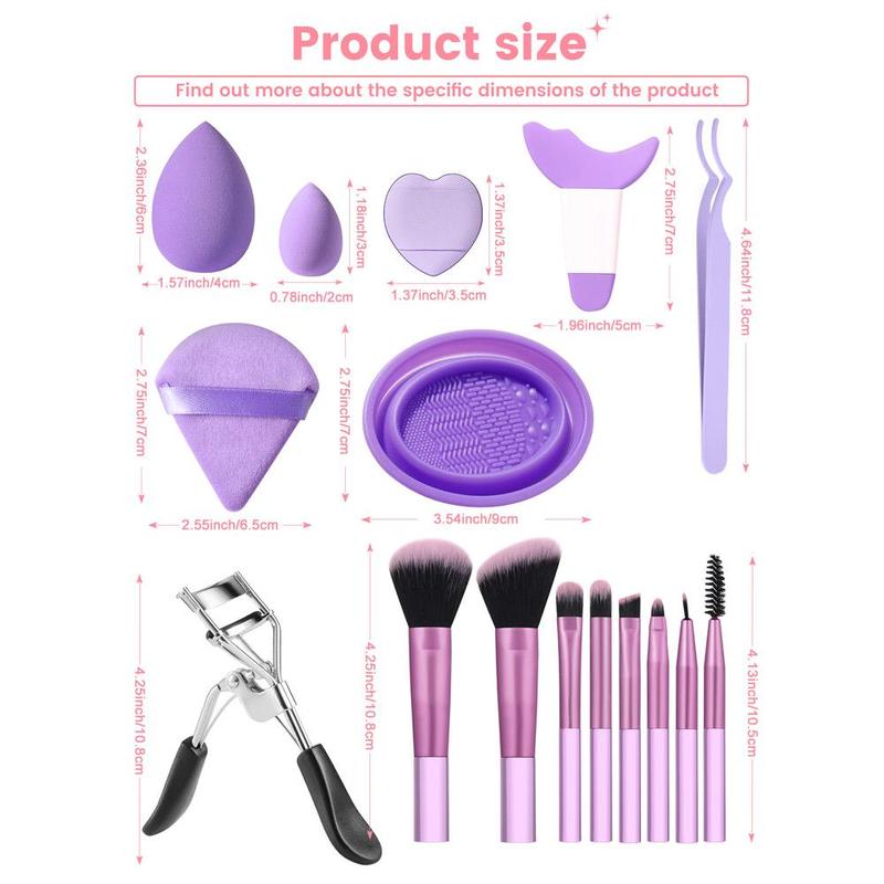 Makeup Tools Kit, Makeup Brush & Beauty Blenders & Eyebrow Template & Lash Curler & Makeup Puffer & Cleaning Bowl & Tweezers, All in One for Beginners