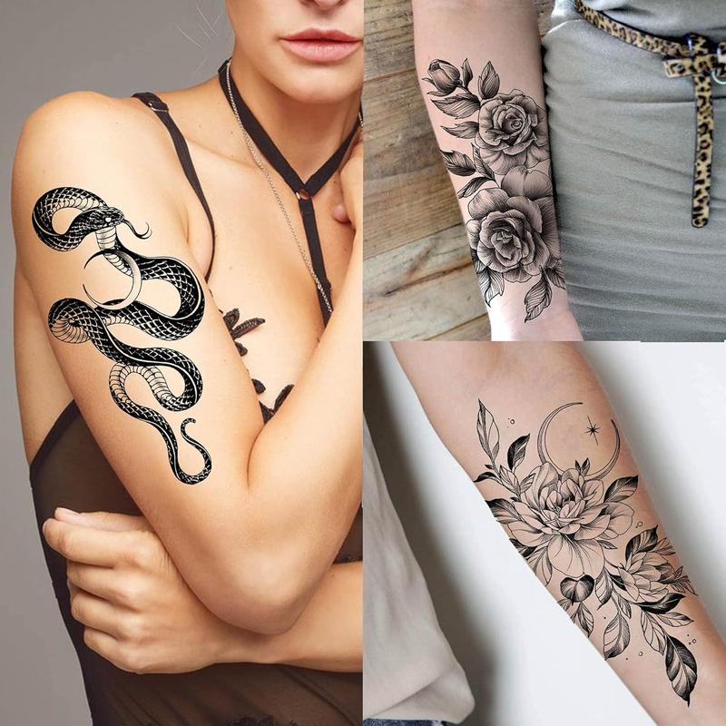 64 Sheets Long Lasting Flower Temporary  Tattoos For Women Arm , Jellyfish Sunflower Moon Rose For Adults Girl, 3D Temp Realistic Snake  Stickers Serpent Peony Floral