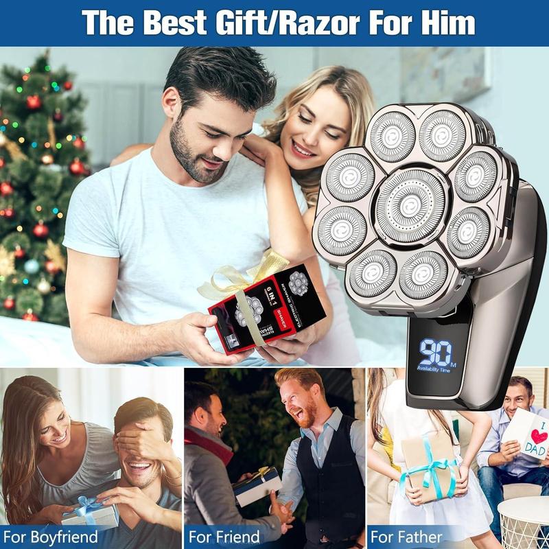 6 in 1 Electric Head Shaver, 1 Box Waterproof Wet Dry Grooming Shaver & Accessories, Cordless Rechargeable Bald Head Razor for Home & Travel Gift, Multifunctional Epilator for Christmas Gift, Winter & New Year Gift, Stocking Fillers