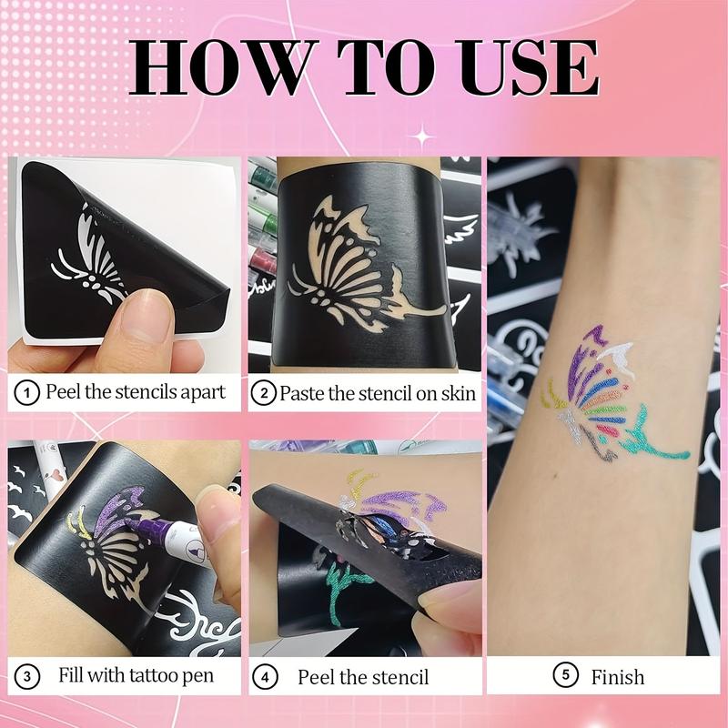 10 PCs Temporary Tattoo Pen +39 One Template Set, DIY Temporary Tattoo Pen, Lasting Color, Create the Body Art You Have Always Wanted, Suitable for Special Occasions, Parties, Festivals, Sports Events, Halloween, Etc, improve Your Style Perfectly