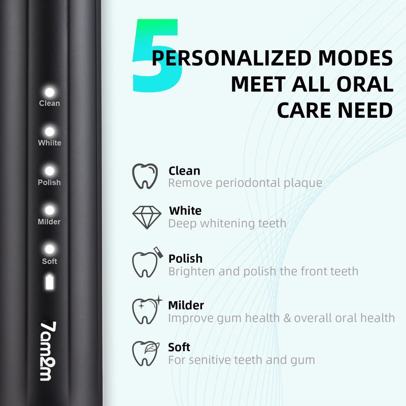 7AM2M Sonic Electric Toothbrush for Adults and Kids, with Travel Case & 8 Brush Heads, 5 Modes with 2 Minutes Build in Smart Timer, Roman Column Handle Design