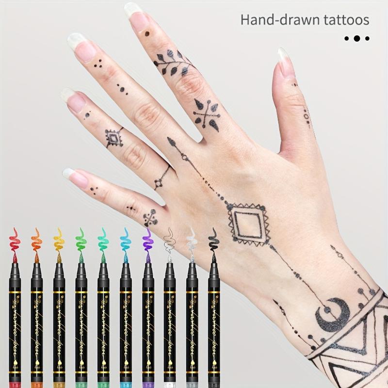 10 PCs Temporary Tattoo Pen +39 One Template Set, DIY Temporary Tattoo Pen, Lasting Color, Create the Body Art You Have Always Wanted, Suitable for Special Occasions, Parties, Festivals, Sports Events, Halloween, Etc, improve Your Style Perfectly