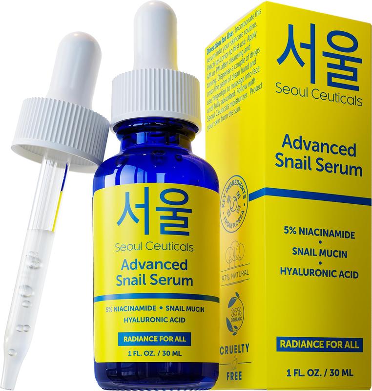 SeoulCeuticals Korean 5% Niacinamide + Snail Mucin 97.5% Essence Serum + Hyaluronic Acid, Cruelty Free Korean Skin Care, Natural & Organic Anti Aging Face Serum for Dull Skin, K Beauty 1oz Moisture Skin Repair