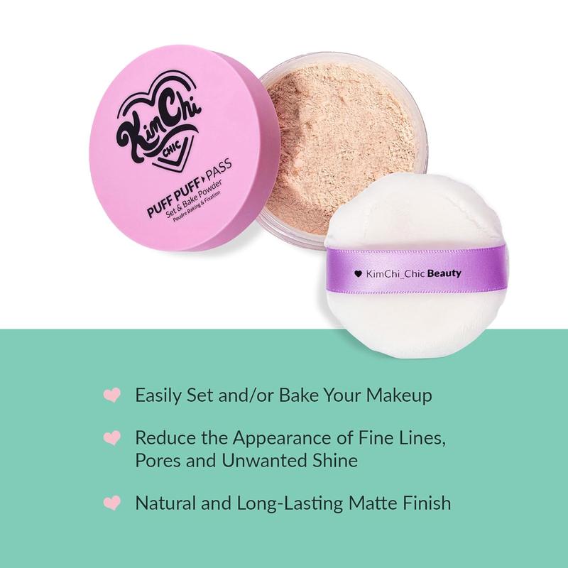 KimChi Chic Puff Puff Pass Set & Bake Powder with Rice Powder & Vitamin-E, Lightweight & Translucent Makeup, Cosmetic Setting Powder