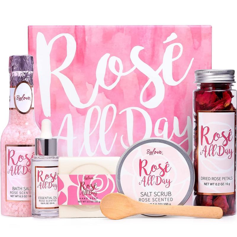 Spa Gifts for Women, BFF LOVE 6Pcs Rose Spa Set, Spa Kit with Essential Rose Oil, Bath Salt, Soap, Natural Petals, Gift Set for Girlfriend Her Wife Mom Birthday Anniversary