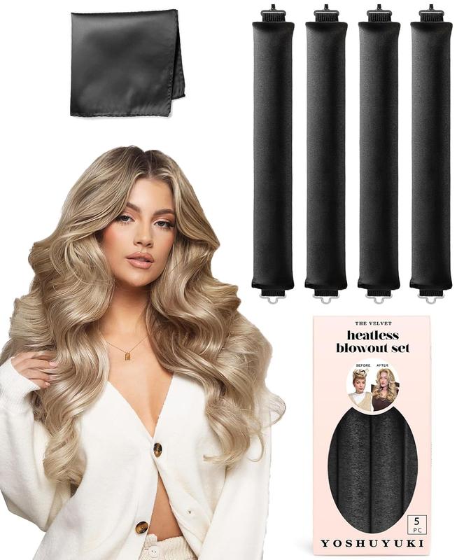 4PCS Satin Heatless Hair Curlers Curling Set Overnight Blowout Curls Rods No Heat Self Curling Jumbo Rods Hair Rollers Set for Fine Thin Long Hair Heatless Curl Silk Hair Wrap Haircare