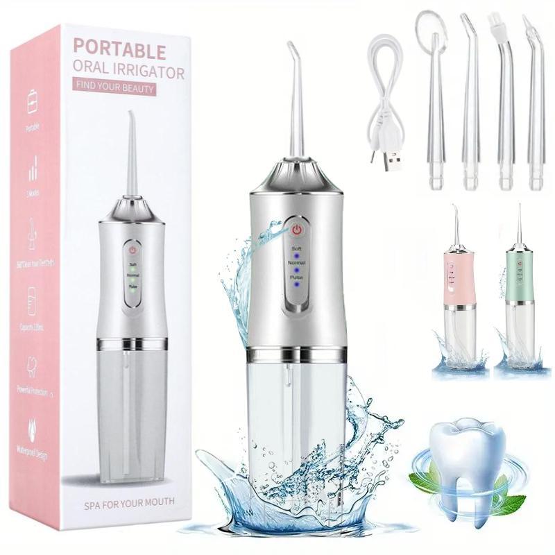 Rechargeable Water Flosser, 1 Box Portable Oral Irrigator with 4 Counts Jet Tips, Waterproof Teeth Cleaner, 3 Modes Teeth Cleaning Tool for Home & Travel