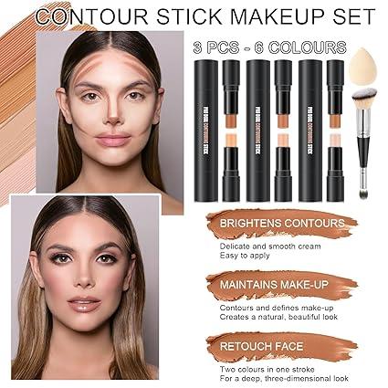 6 Colors Cream Contour Sticks Makeup Kit, Primer Face Highlighter Contouring for Beginners, Highlight and Contour Kit, Cream Concealer Makeup Blur Stick, Primer Face Corrector