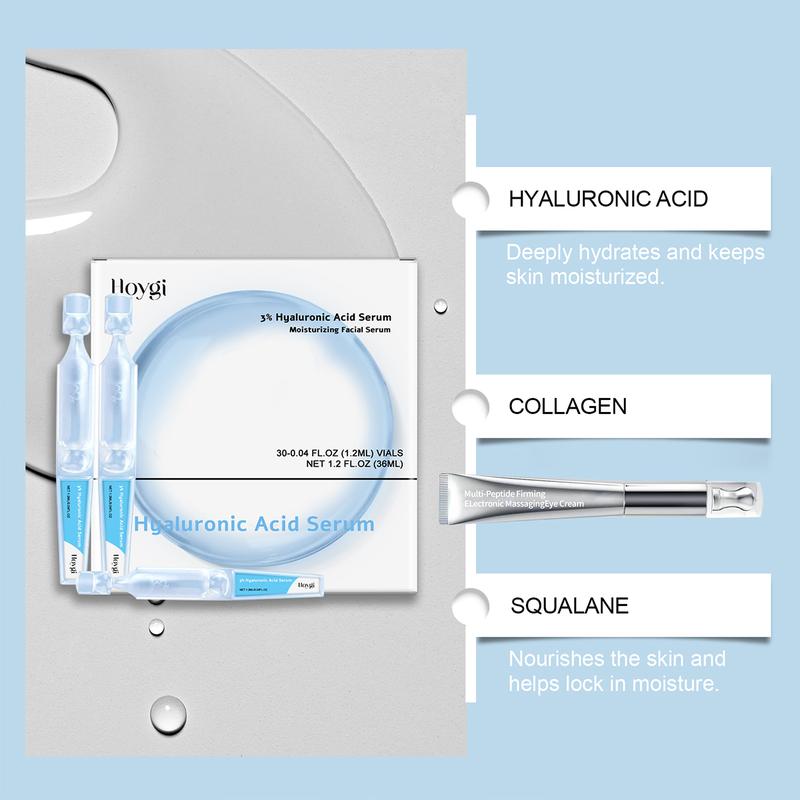 Hyaluronic Acid Tubes, 3% Hyaluronic Acid Serum Ultra-Hydrating Vials, Wrinkle Eraser Massaging Eye Cream and Ultra Hydrating Serum, Skin care Deep Moisturizing Facial Serum