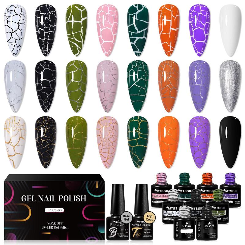 Crackle Gel Nail Polish Set, 12pcs set Quickly Dry Cracking Nail Lacquer, Multi-color Base Gel Crackle Effect, Long-lasting Salon Quality