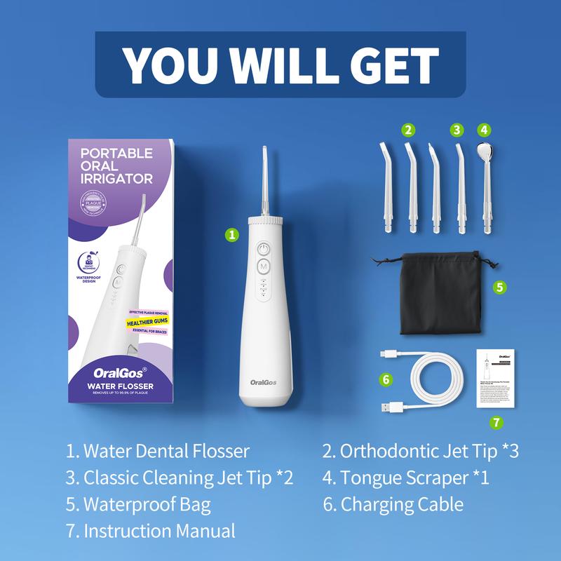 OralGos Water Dental Flosser Teeth Pick, Portable Cordless Oral Irrigator with 3+8 Cleaning Modes, Waterproof Electric Water Flosser with 6 Replaceable Nozzles and Dustproof Bag