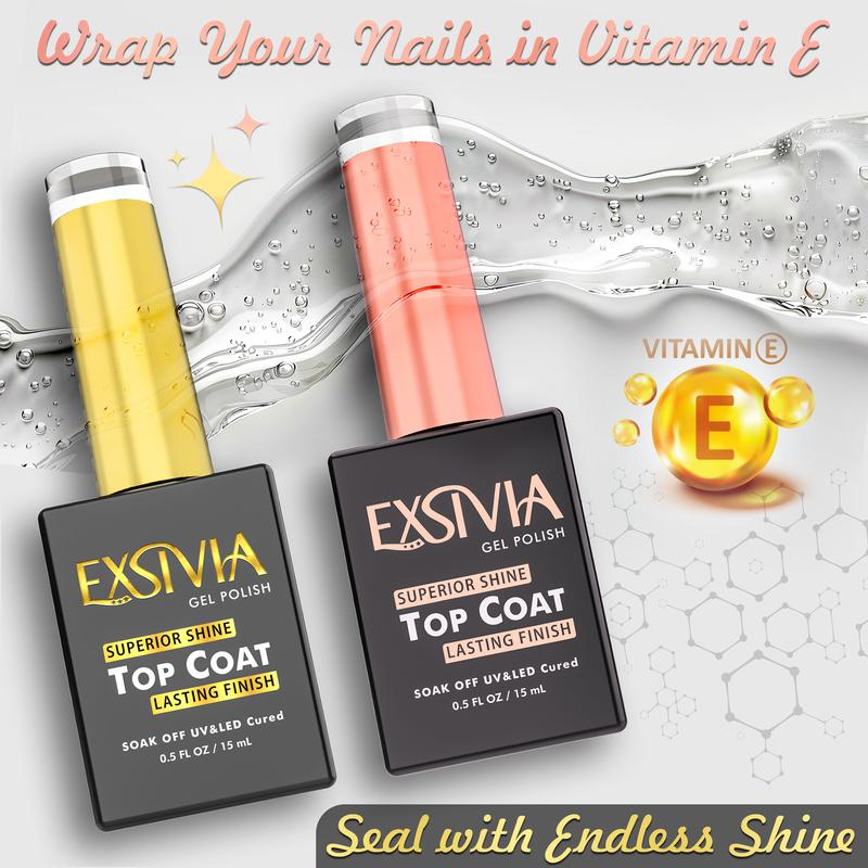 EXSIVIA Nail Gel Top Coat and Base Coat Strengthener, Vitamin E Infused High Endless Glossy Shine, No Wipe, Chip Resistant, Soak Off LED UV Lamp