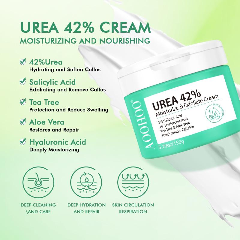 AOOHOO 42% Urea Cream Moisturize & Exfoliate Cream 5.29 0z(150g) Foot&Hand Cream for Dry Cracked Heels, Feet, Knees, Elbows, Hands, Corn&Dead Skin&Cuticle Callus Remover, Toenail Softener, Calloused Feet&Athletes Foot,1