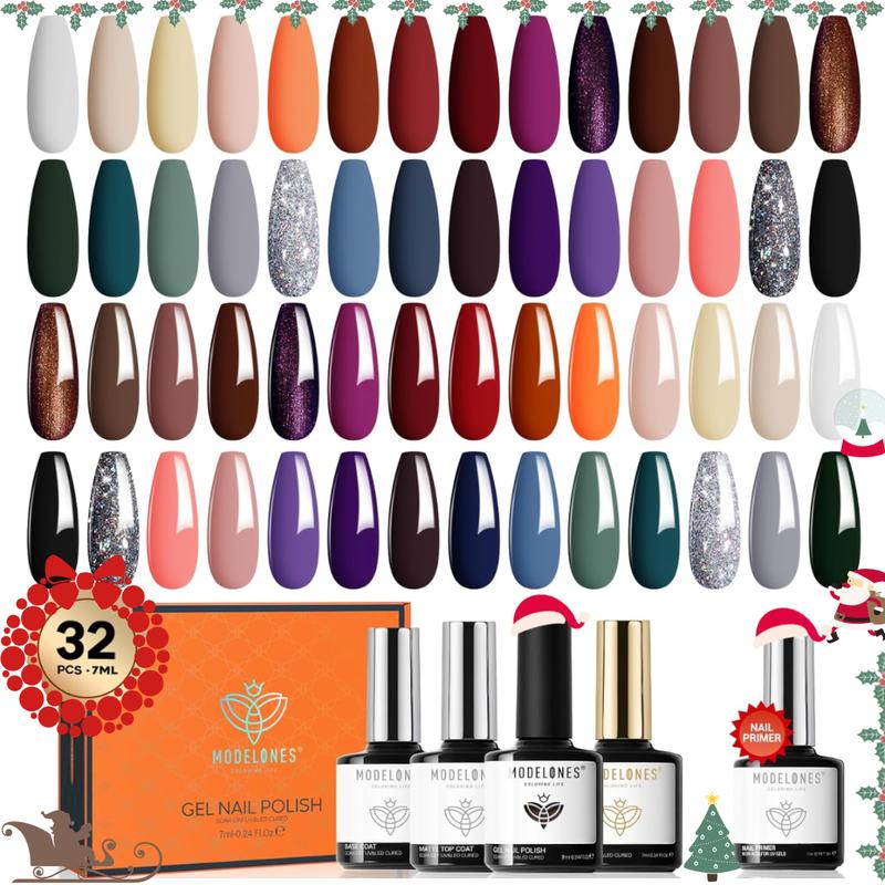 Modelones 32 PCS Gel Nail Polish Kit, 28 Colors Gel Polish Set Nail Art with 28 Colors, Glossy & Matte Top Coat, Bond Primer – Perfect DIY Salon-Worthy Manicure