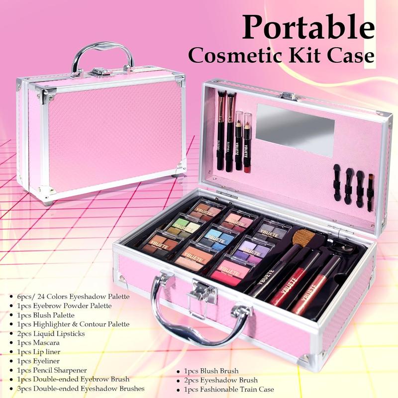 Makeup Kit for Teens Girls Women, Full Starter Cosmetics Set, Makeup Present Set, Beginner Makeup Kit, Cosmetic Train Case For Women Full Kit, Included Eyeshadow Blusher Contour Eyebrow Powder