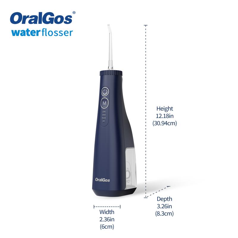 OralGos Water Dental Flosser Teeth Pick, Portable Cordless Oral Irrigator with 3+8 Cleaning Modes, Waterproof Electric Water Flosser with 6 Replaceable Nozzles and Dustproof Bag