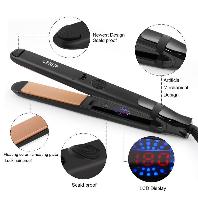 Leshp Flat Iron Hair Straightener With Floating Plate & Elasticity Cool Tip Ceramic Plates Automatic Safety Mode Lcd Display Adjustable Comfort