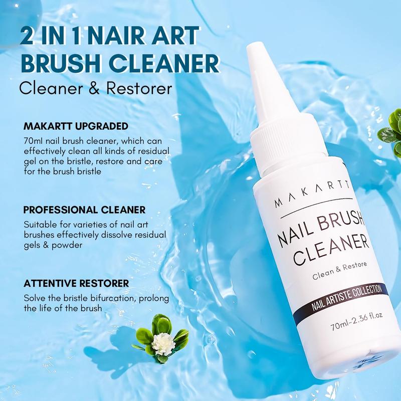 Makartt Nail Art Brushes Cleaner, Clean And Restorer Brush Bristles, 2-in-1 Brush Cleaner Liquid for Solid Gel Polish Nail Art Liner Builder Gel Dip Powder Manicure Brush - 70ml 2.36 fl. oz