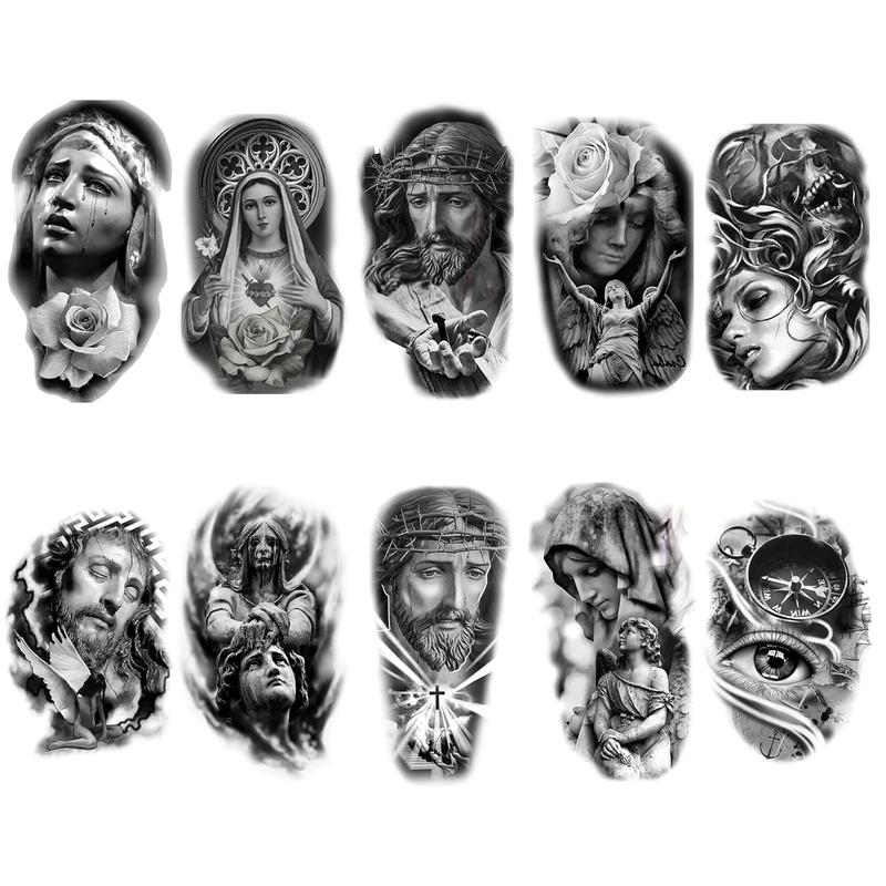 Temporary tattoo women men temporary tattoos Black Gray Large tattoo Jesus angel 3D realism Easter tattoo Tattoo Sleeves10 Sheets