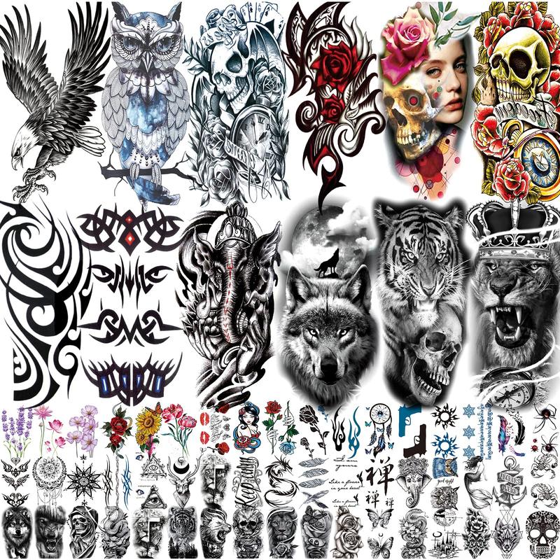 80 Sheets Temporary Tattoos Stickers, Fake Body Arm Chest Shoulder Tattoos for Men and Women, Halloween Temporary Tattoos Black Fake Skull Skeleton Tattoos for Halloween Cosplay