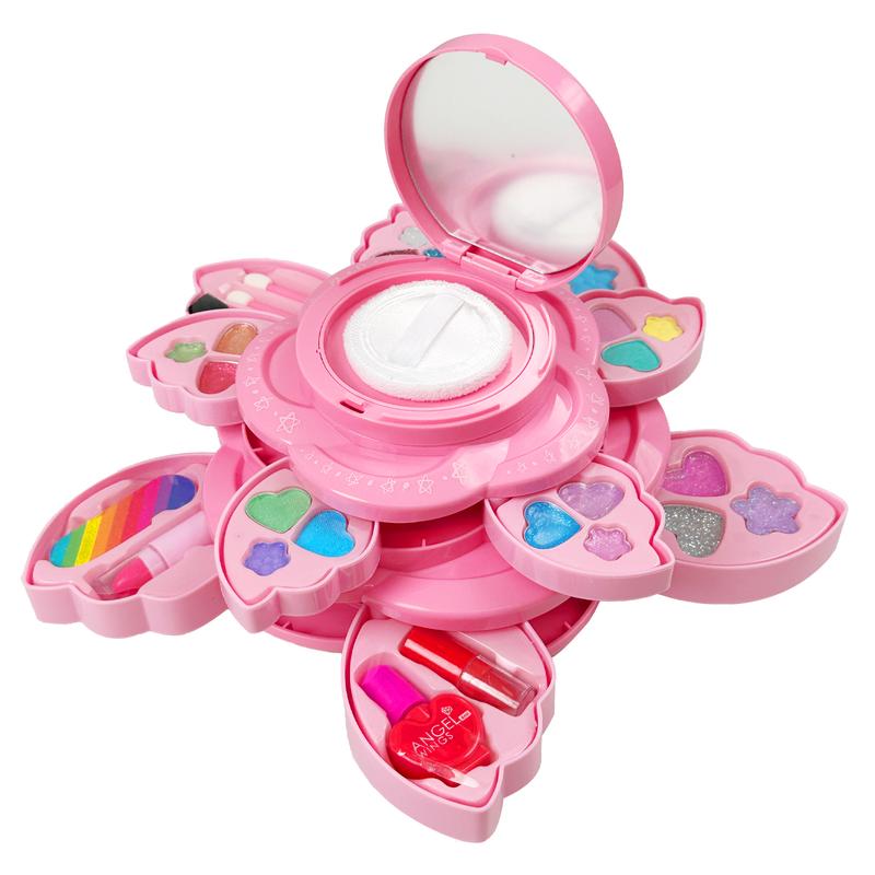 Pink Petal-Shaped Makeup Box for children aged 3, 4, 5, 6 + Children's Makeup Tools