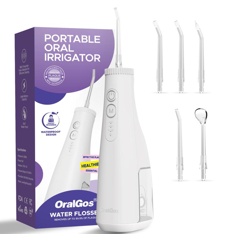 OralGos Water Dental Flosser Teeth Pick, Portable Cordless Oral Irrigator with 3+8 Cleaning Modes, Waterproof Electric Water Flosser with 6 Replaceable Nozzles and Dustproof Bag