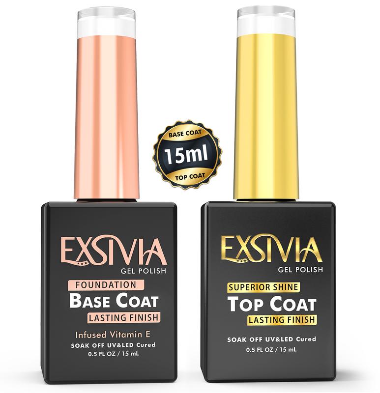 EXSIVIA Nail Gel Top Coat and Base Coat Strengthener, Vitamin E Infused High Endless Glossy Shine, No Wipe, Chip Resistant, Soak Off LED UV Lamp